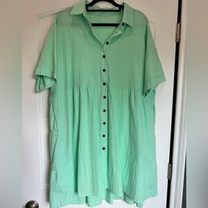 Mint Green Button Front Tunic Dress 2XL Collared Short Sleeve Flowy
